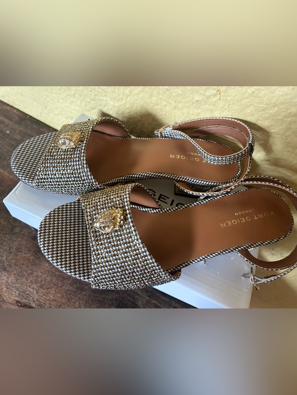 Kurt Geiger Brown and Gold Houndstooth Sandal Flats